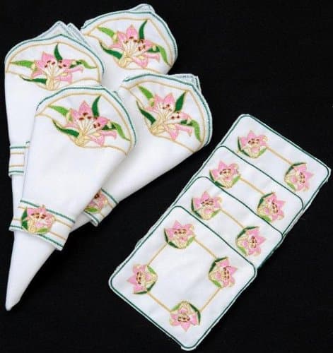 Spring and Easter Set of 4 Table Napkins and Coasters in a Mackintosh Lily Nouveau Design. (White & Pink)
