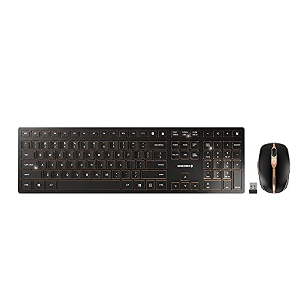 CHERRY DW 9100 Slim Wireless Keyboard and Mouse Combo Combo Rechargeable with SX Scissor Mechanism, Quiet Keystrokes, Quiet Typing, Low Profile Design for Work and Home Office (Black & Bronze)