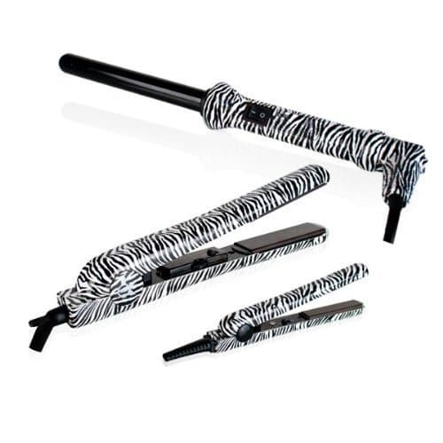 Kor Professional Styling Box Set Black / White Zebra Curling Iron + Flat Irons Dual Voltage 110v-240v