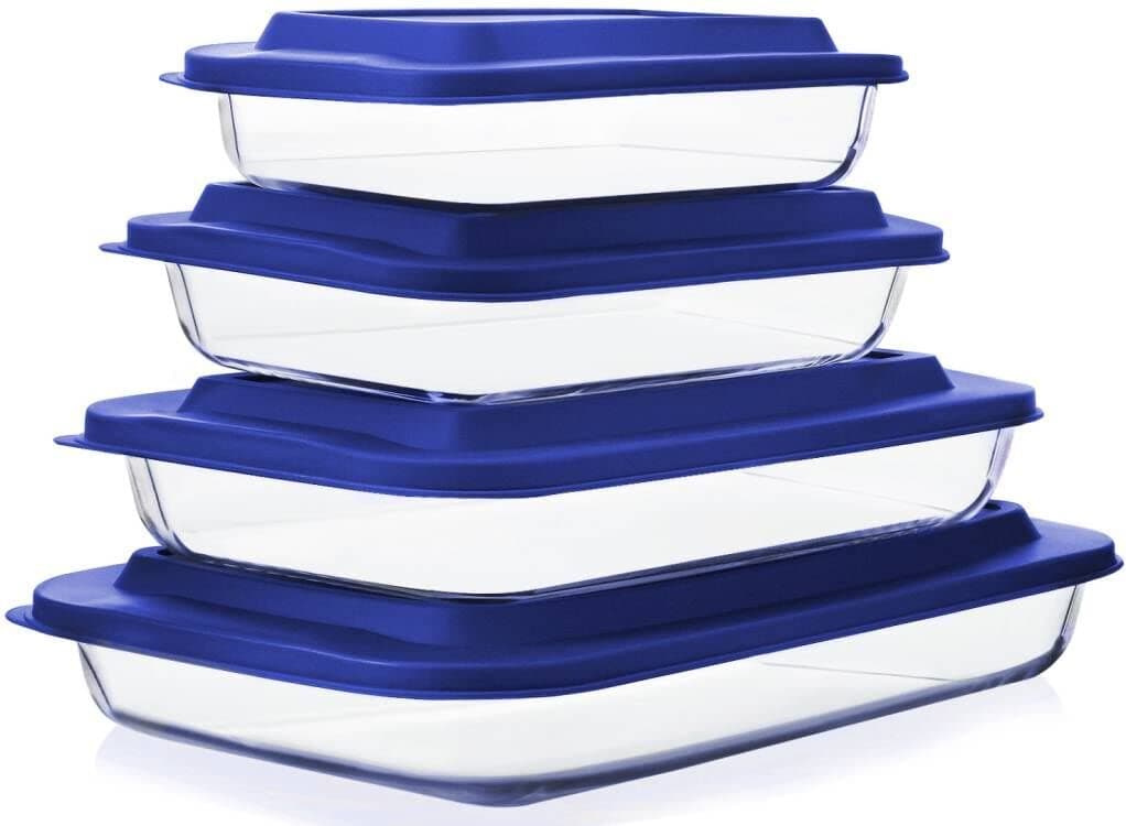 M MCIRCO 8-Piece Deep Glass Baking Dish Set with Plastic lids,Rectangular Glass Bakeware Set with Lids, Baking Pans for Lasagna, Leftovers, Cooking, Kitchen, Freezer-to-Oven and Dishwasher, Blue