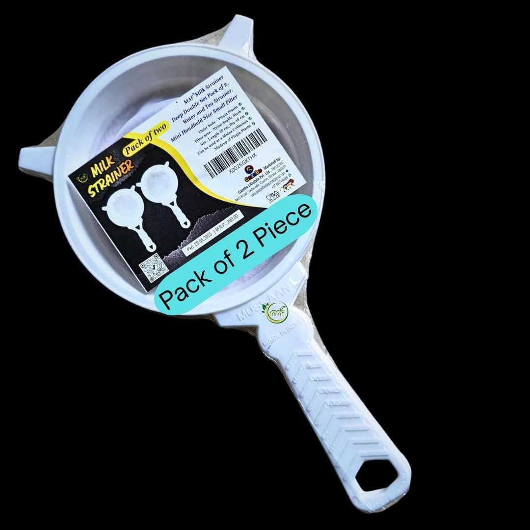 MAF Milk Strainer Deep Double Net Pack of 2, Milk, Water, Tea, Nut Milk Strainer, Handheld Medium Size Plastic Filter with Double Fine Nylon Mesh | Moina Net - Length 20 Cm, Dia 10 Cm, White Colour