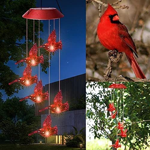 Solar Cardinal Red Bird Wind Chime, Solar-Powered Mobile Hanging Patio Lights with 6 Vivid Hummingbirds,Multi-Color Changing LED Garden Decoration for Home Party Night Garden Decoration
