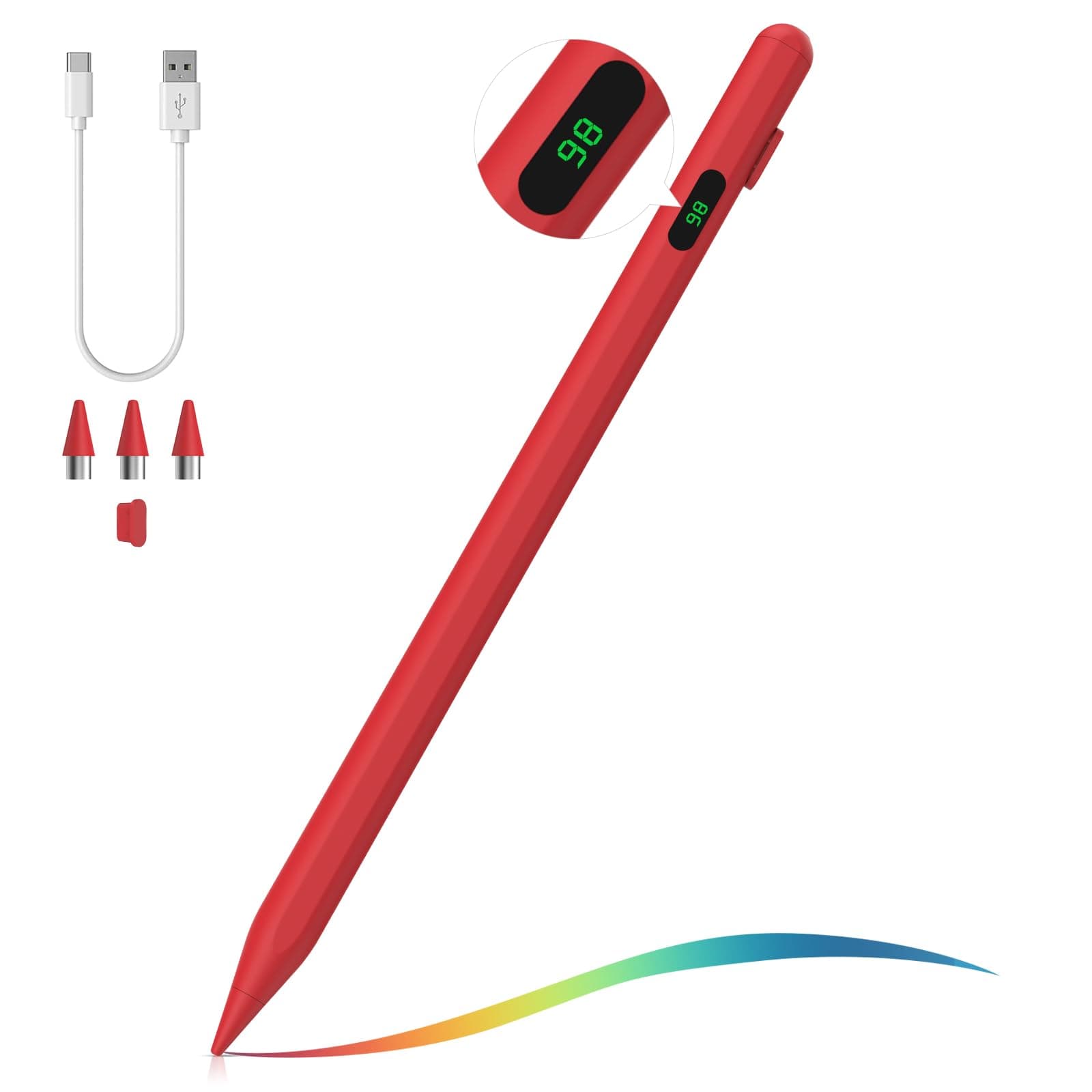 Stylus Pen for Touch Screen, Active Universal Stylus Pen Compatible with iPad/iPhone/Samsung(Non S Pen) and Other iOS/Android Smartphone and Tablet Devices Tablet Pen with Power Display, Red