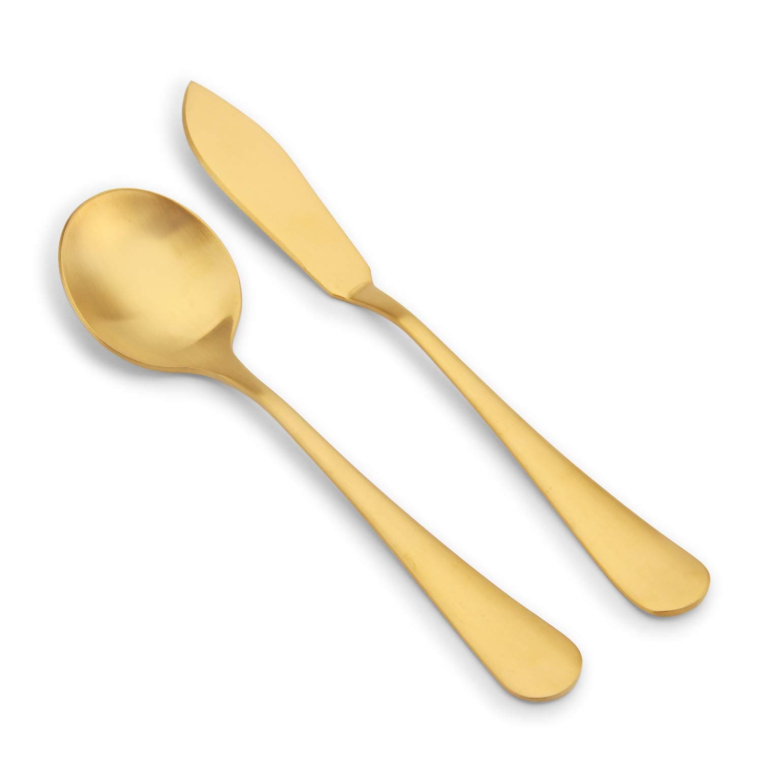 Matte Gold Serving Set,SHARECOOK 5-Piece 18/0 Stainless Steel Large Hostess Set with Round Edge, Satin Finished, Dishwasher Safe -Spoons, Forks,Butter Knife& Slotted Spoon