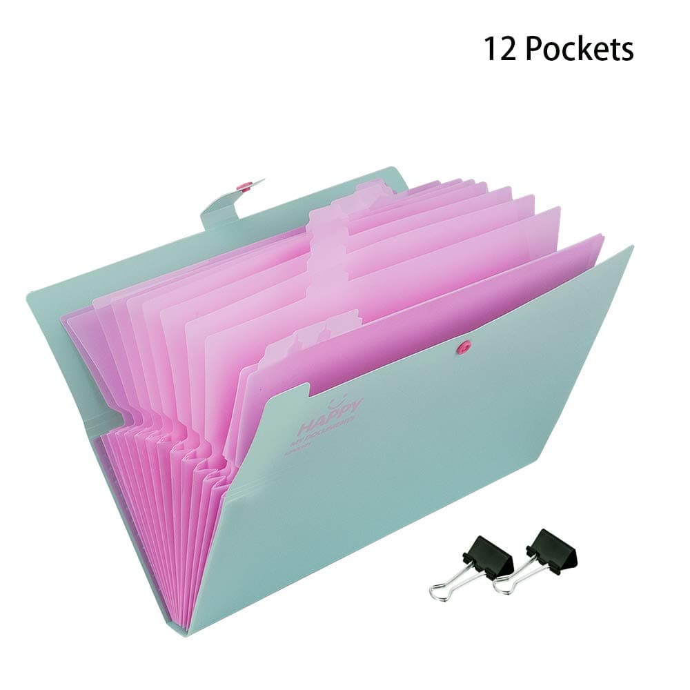12 Pockets Expanding File Folder with 2 Pcs Binder Clips,KingBig A4 Paper Letter Size Portable Accordion Document Organizer for Business Office and School (Green Folder + 2 Clips)