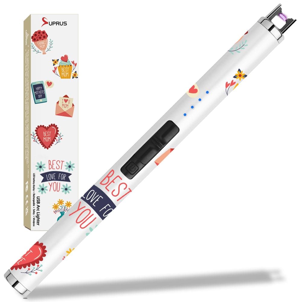 SUPRUS Arc USB Type C Electric Lighter with LED Battery Display, Safety Switch, Rechargeable, Flameless, Plasma, Windproof, Portable for Mother's Day (White)