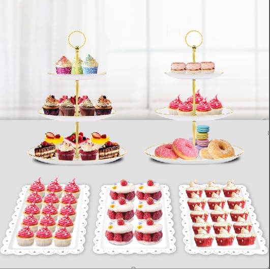 PinCute 5 Pcs Dessert Table Display Set - 2 X Cupcake Stand Holder/Cup Cake Tier Tower & 3 X Serving Tray Combo for Tea Party, Birthday, Baby Shower (Round)