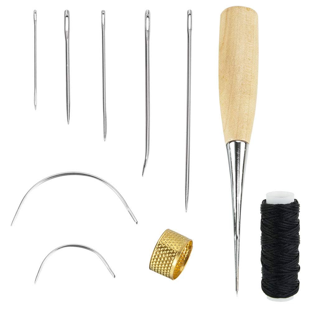 CODIRATO 7 Pieces Leather Sewing Needles Metal Leather Craft Tools Kit with Sewing Awl Thimble and Waxed Thread for Upholstery Carpet Leather Furs Canvas Repair