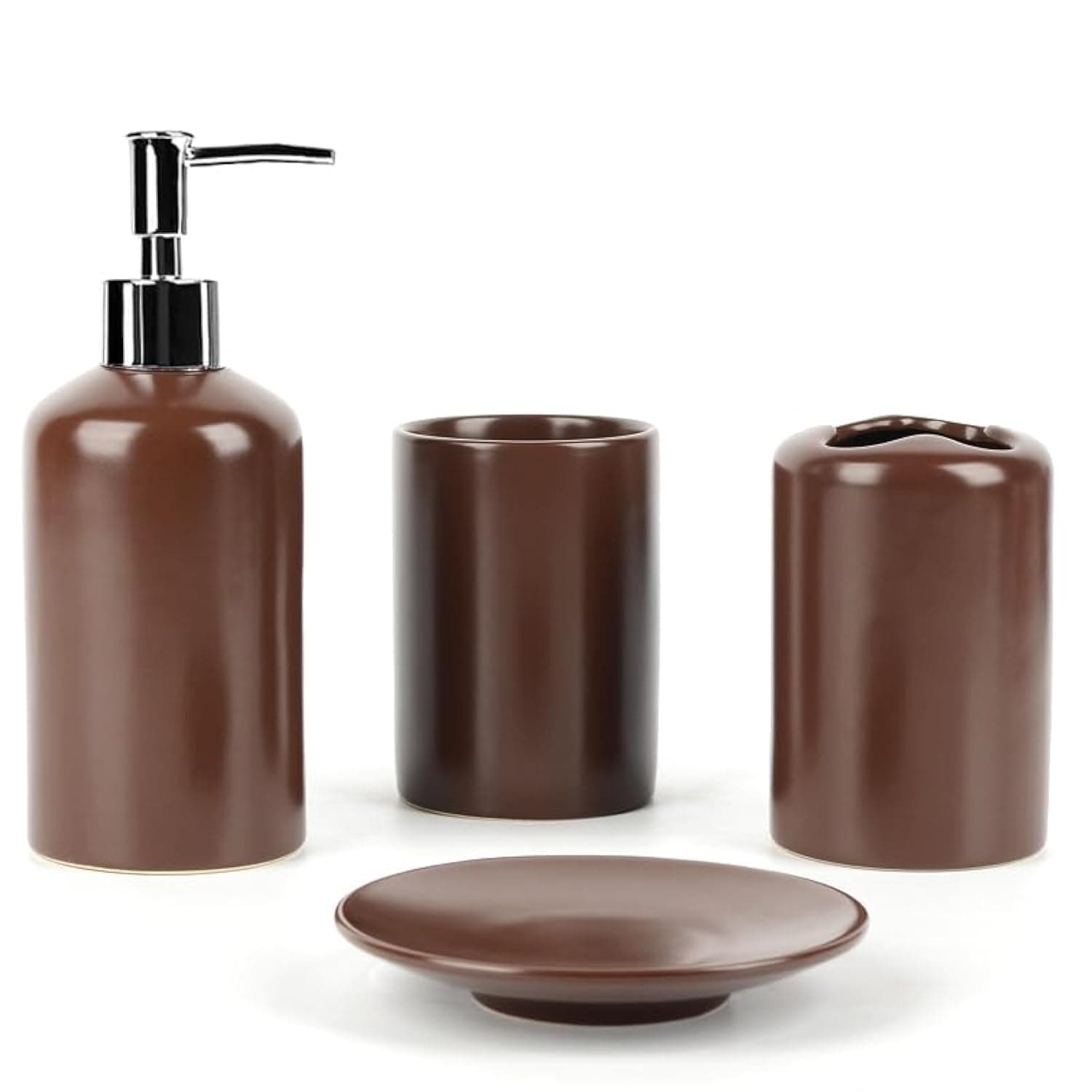 WPM 4 Piece Ceramic Bathroom Accessories Set - Brown - Our Complete Bath Decor Kit Includes Designer Soap or Lotion Dispenser - Toothbrush Holder - Tumbler - Soap Dish