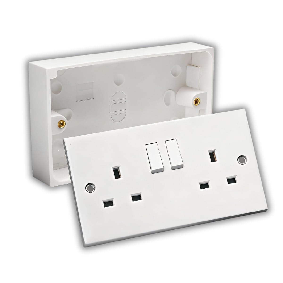 Double Wall Socket & Back Box Pattress. Twin 2 Gang Switched Plug Electrical WHITE 5806165