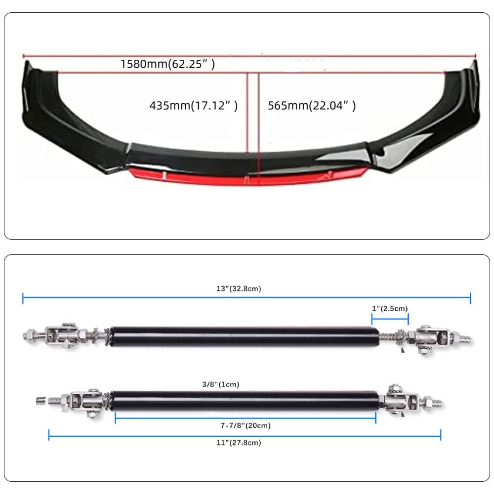 Universal Front Bumper Lip Body Kit, Black &Red ABS Front Spoiler Front Bumper Lip Splitter Body Kit with 11”-13“ Black Strut Rods