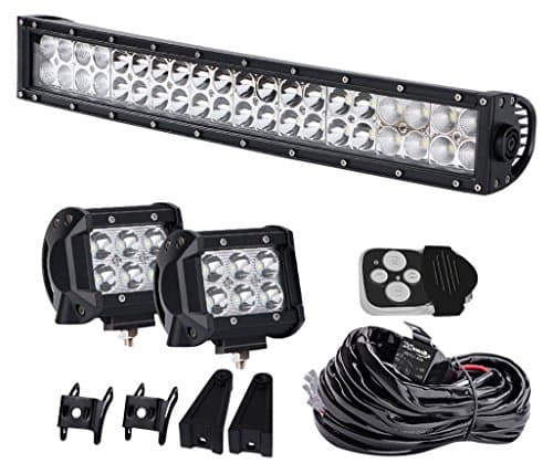 SABER X Curved 22" IN Led Light Bar 4" Cube Pods Off Road Driving Fog Lamp with Toggle Switch Remote Relay Wiring Harness Silencers Rubber Isolator fit Jeep GMC Silverado Chevy Dodge Ram Tacoma Yamaha