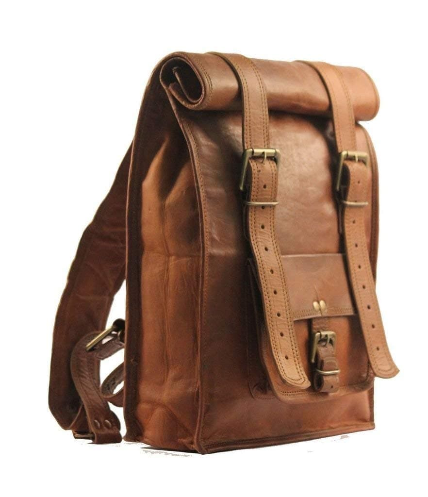 Leather Vintage Holiday Backpack Roll-on Laptop Backpack Rucksack One Size Brown Knucksack Rolling Bag