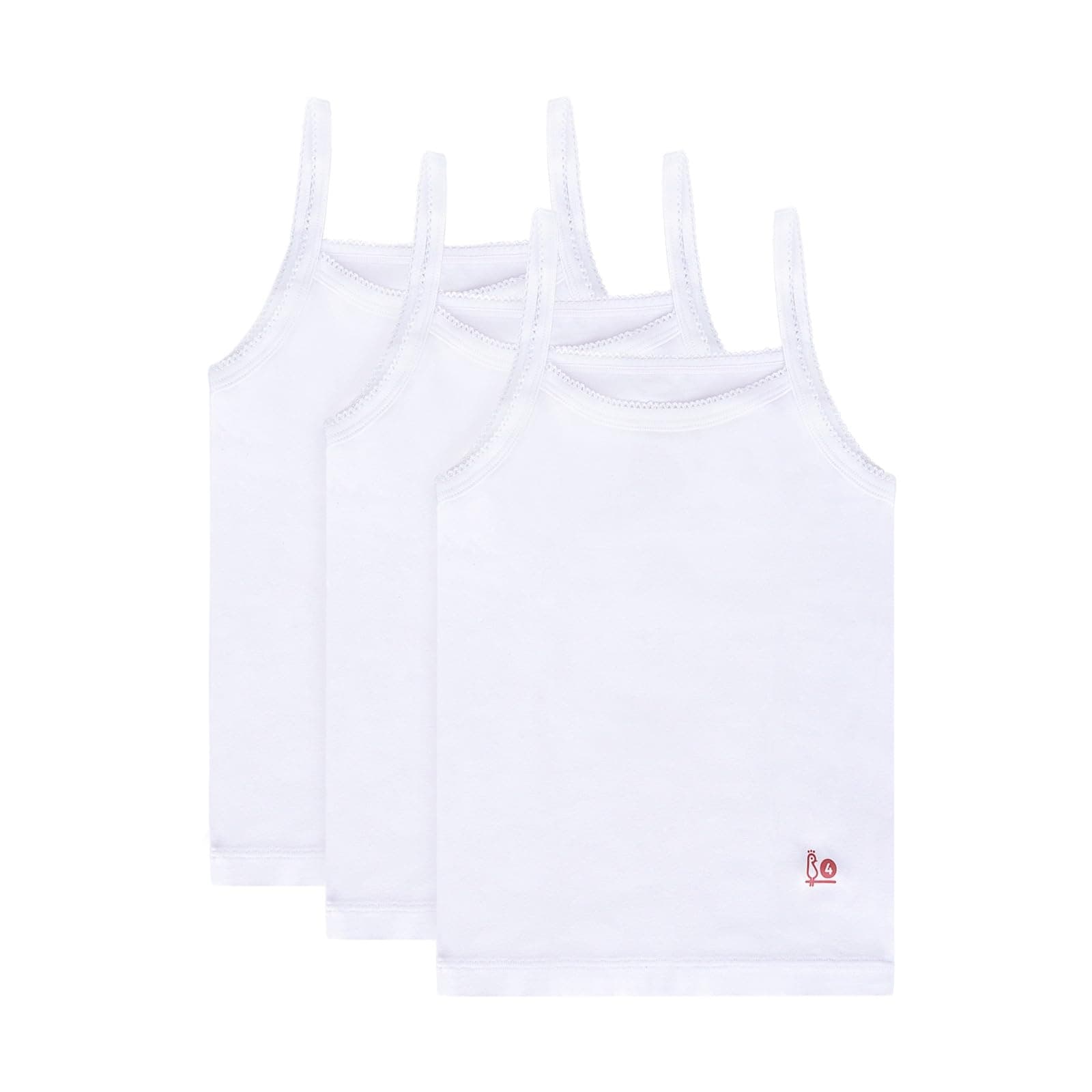 Feathers Girls Solid White Snug Fit Tagless Cami Vest - 100% Cotton Super Soft Undershirts (3/Pack)