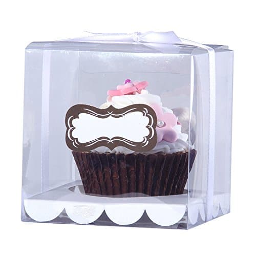 12pcs/Pack 9 * 9 * 9cm PVC Transparent Cupcake Box Clear Cake Box with Sticker and Insert Wedding Cupcake Box Mulit Colors (White)