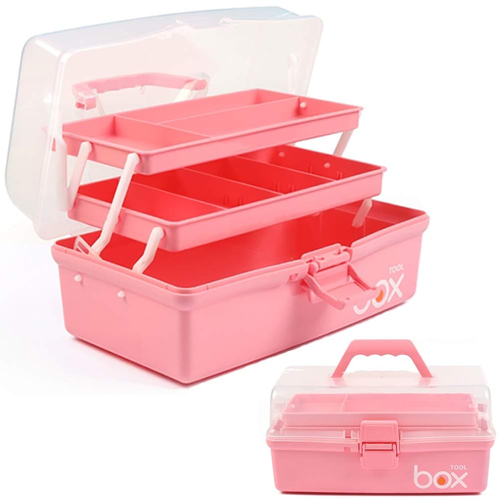 12in 3-Layer Plastic Craft Organizers and Storage, Portable Folding Tackle Box with Handle & Adjustable Dividers, Multipurpose Case for Sewing, Art Supplies, Medicine, Tools (Pink)