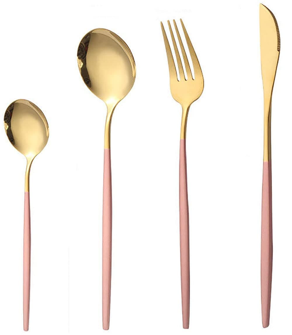 RIVAAN Flatware 4-Piece Gold Silverware Set with Pink Handles Cutlery Set - Service for 1 Person - Including Knife/Fork/Spoon/Tea Spoon - Stainless Steel Spoon Set - Dishwasher Safe (Pink, 4PCs)