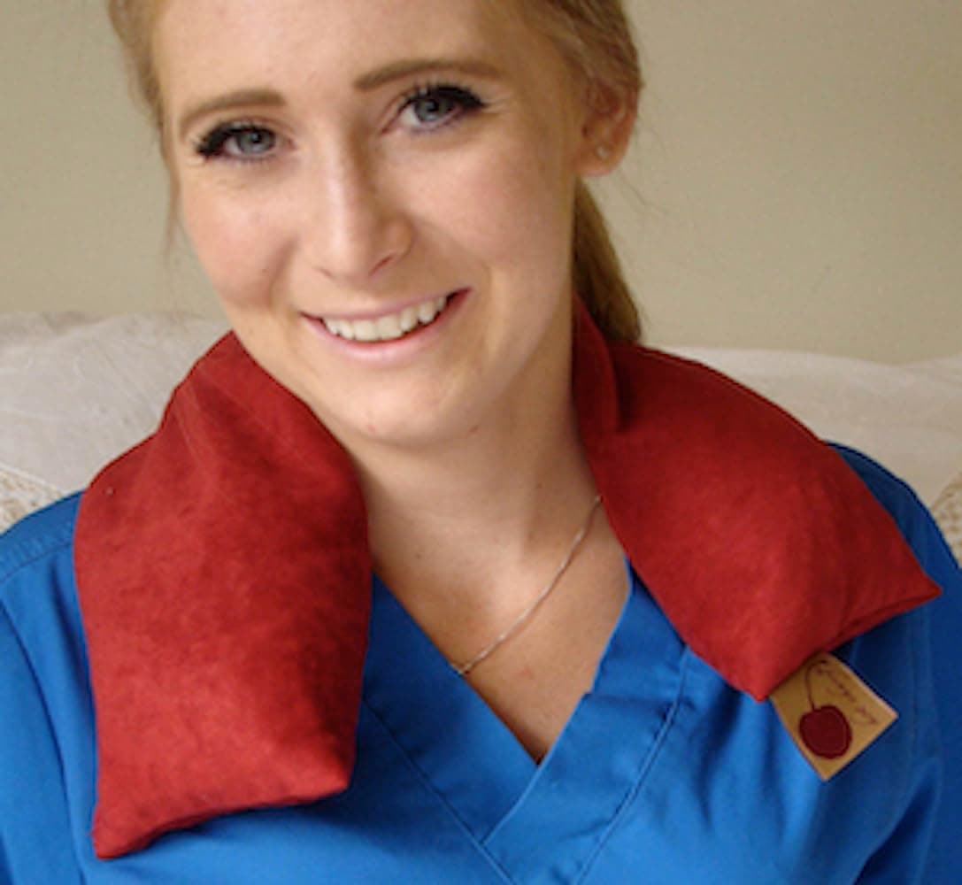 Neck Wrap Red Ultra Suede Cherry Pit-Stone Pillow, Microwavable Hot/Cold Compress, Sustainable Moist Heat Pack, Shoulder Pain Relief, Washable, Spa