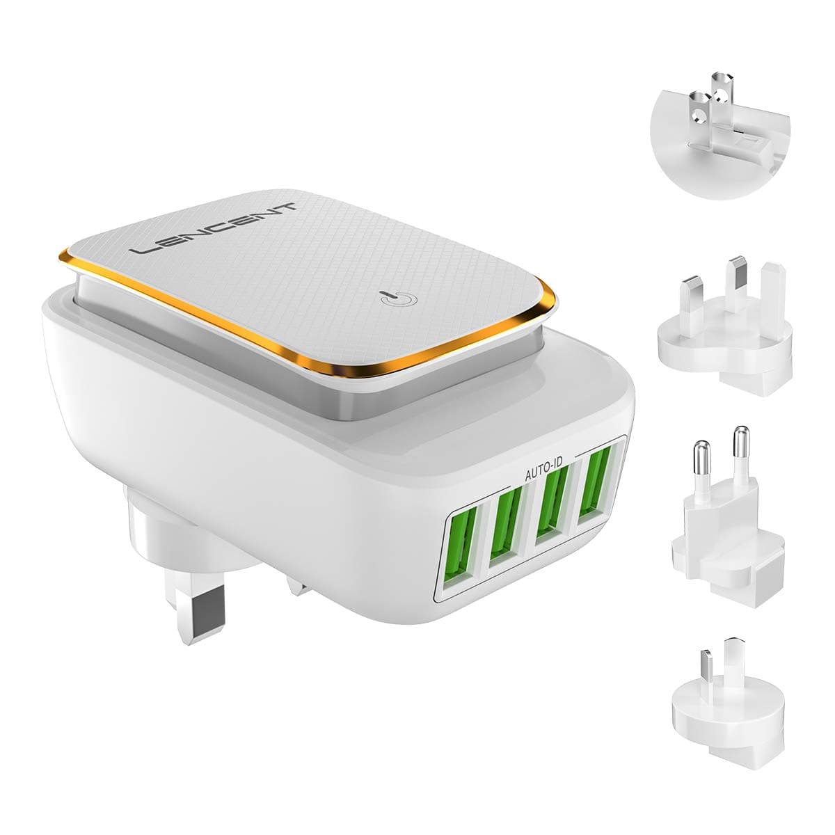 LENCENT USB Charger Plug, LED Touch Night Light, 4-Port USB Universal Travel Adaptor with UK/USA/EU/AUS Worldwide Adapter Plug, Wall charger for Phone, Pad, Camera, Tablets and etc.