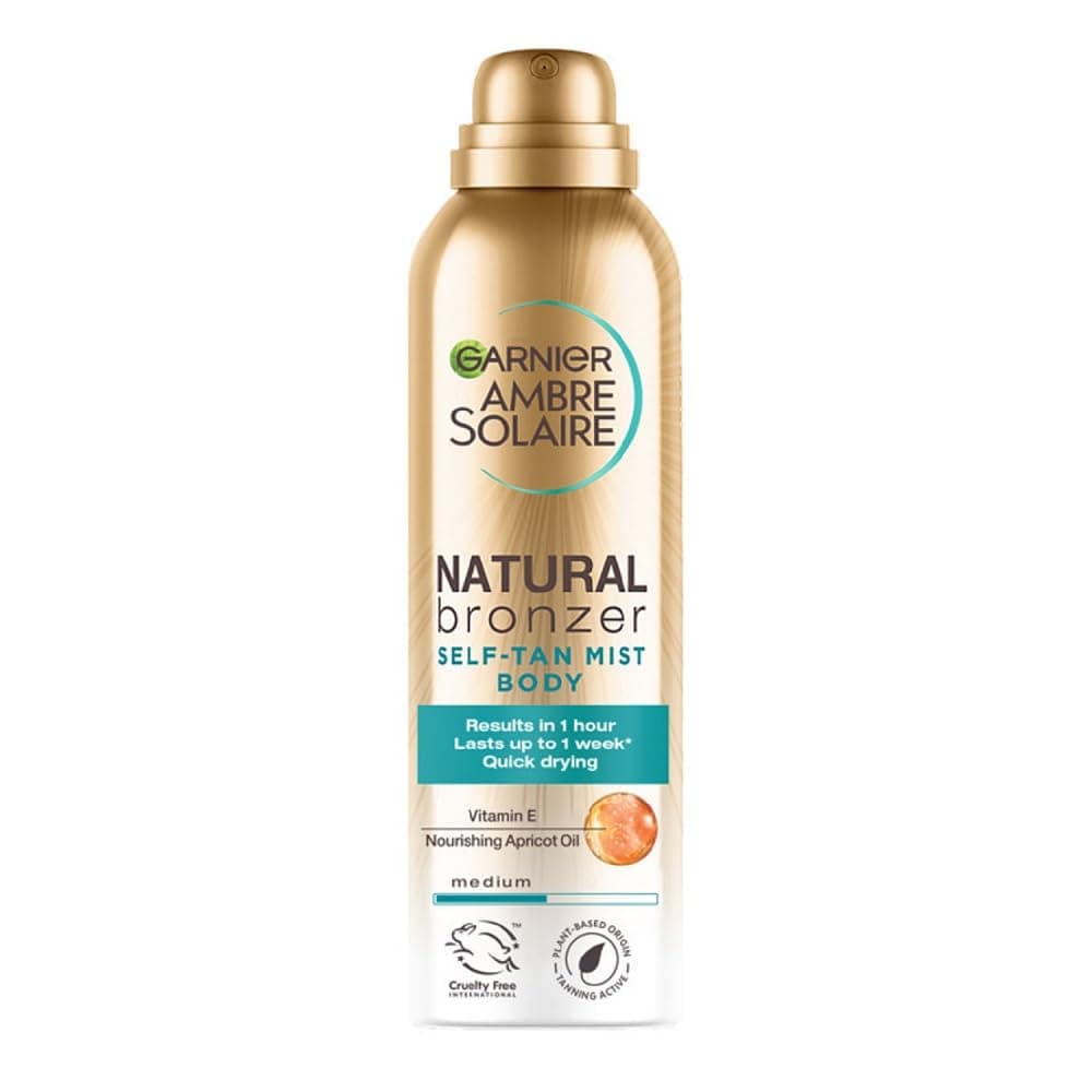 Garnier Ambre Solaire Fake Tan, Natural Bronzer Quick Drying Self Tan Body Mist Medium, Streak Free Spray Tan, Lasts Up to 1 week, Vegan Formula, Radiant Glow, 150ml