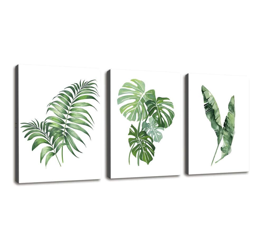 Canvas Wall Art For Bathroom Wall Decor Simple Green Leaf Canvas Prints Bedroom Wall Decor - 3 Panels Framed Wall Pictures Tropical Monstera Plant Banana Leaf Watercolor For Home Office Wall Decor