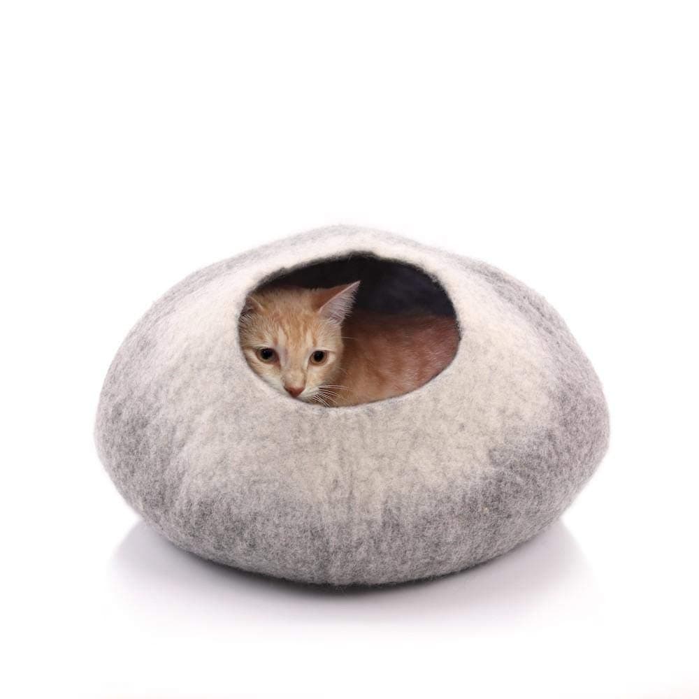 Cozy Cat Cave Bed - Handmade 100% Wool, Large (Dark Grey/Cream)