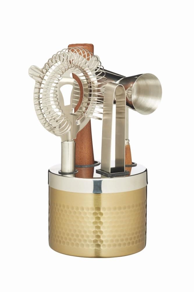 Bar Craft Five Piece Hammered Brass Finish Cocktail Tool Set, Gift Boxed