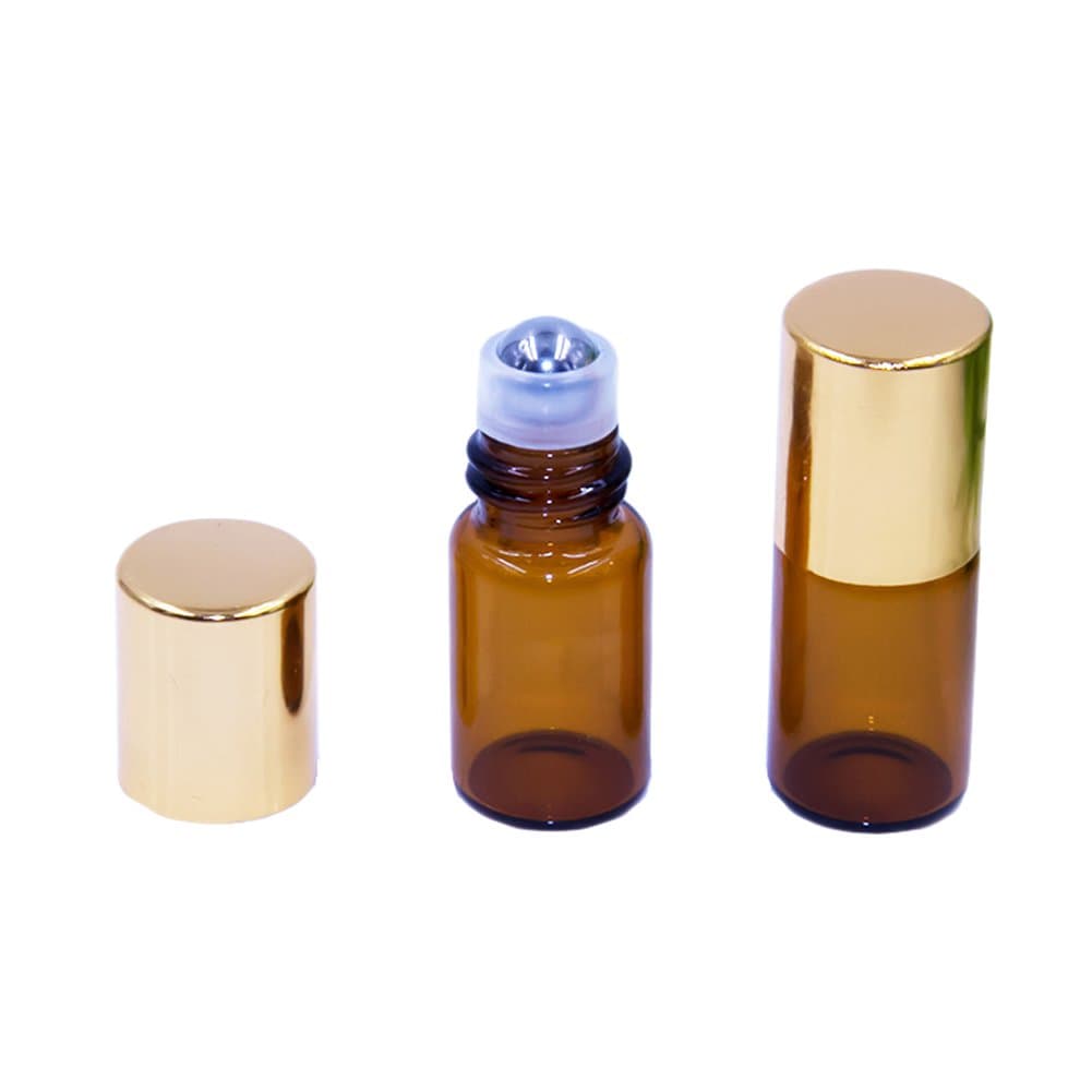 10 Pcs Mini Cute 2.5ml Amber Glass Bottle Essential Oil Roller Bottles Refillable Travel Empty Lotion Perfume Liquid Lip Balm Roll On Bottles (gold cap)