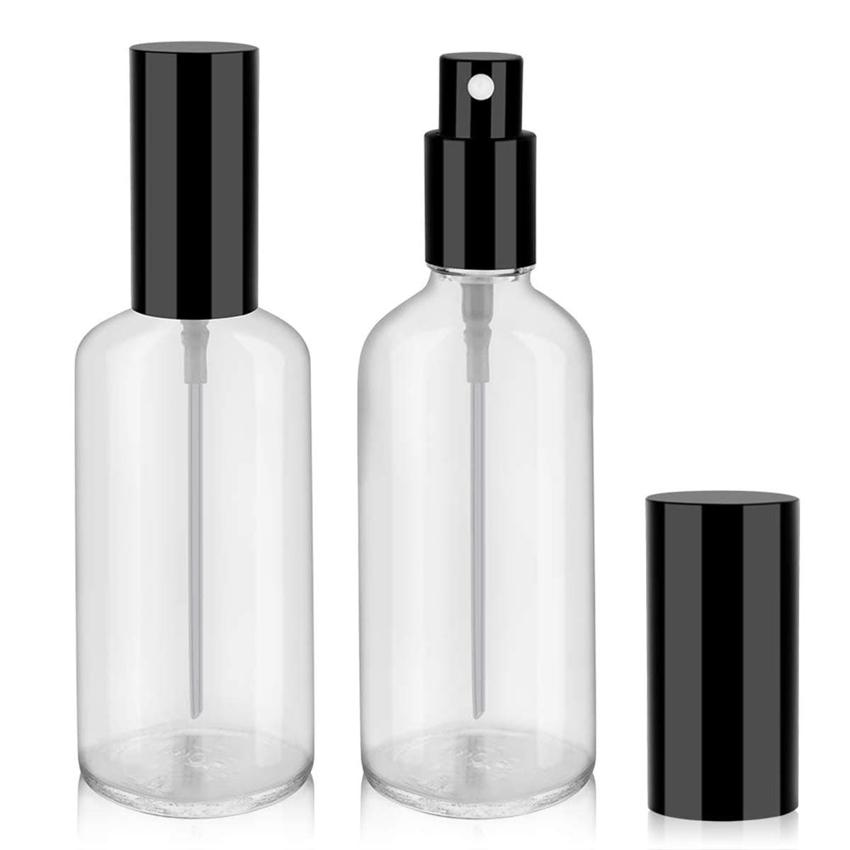 DELFINO Empty Glass Spray Bottles, Tiny Spray Bottles, Fine Mist Spray, for Essential Oils, Perfume, Massage, Hair, Refillable Spray Bottles with Lids, Mini Travel Bottles, 100ml - 2 Pcs, Clear