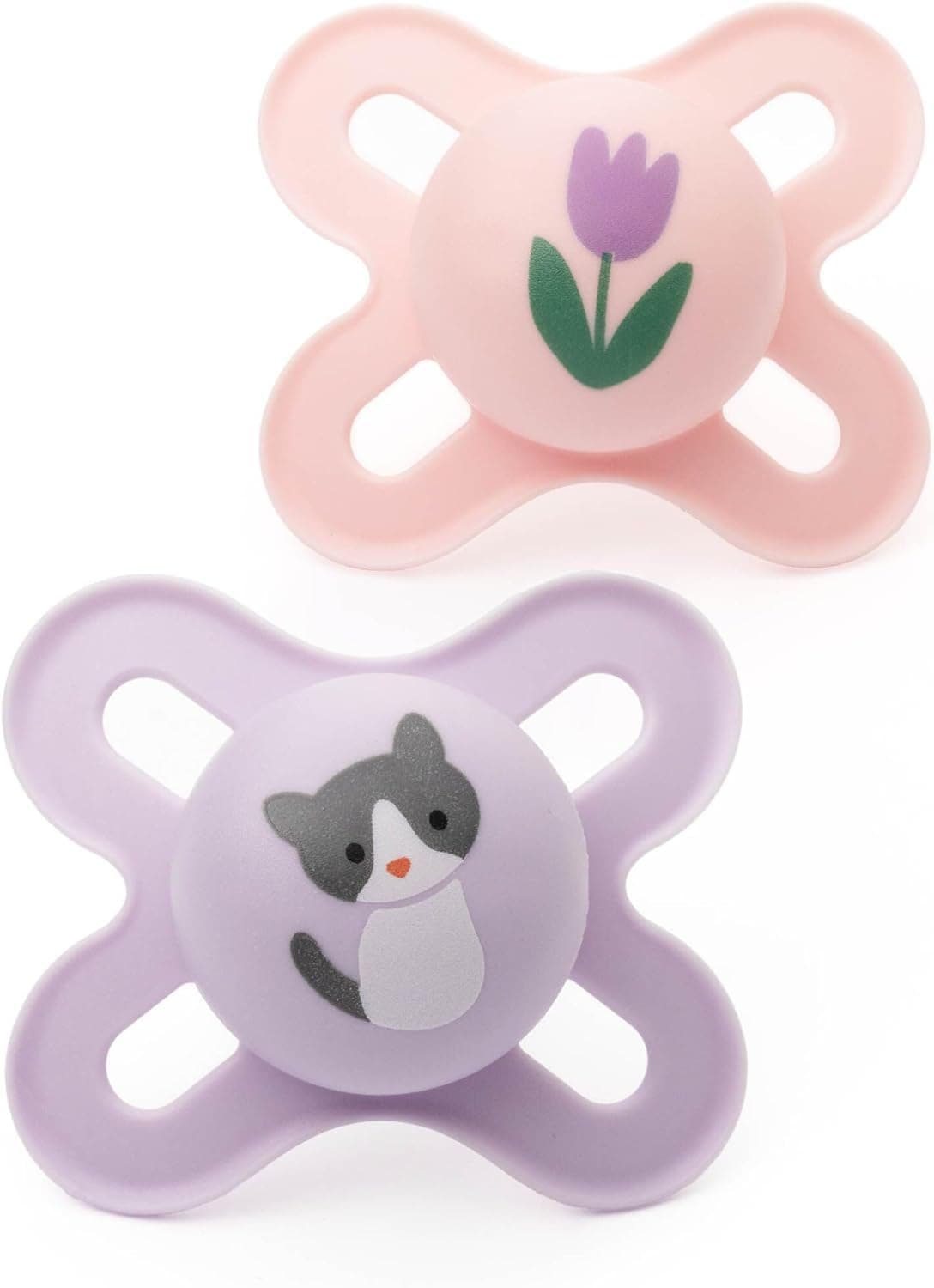 MAM Original Start Soothers | 0-2 Months | 2 Pack | Newborn Dummies | Comes in Dummy Steriliser Case | Sustainable Materials | Baby Accessories for Newborn | Pink/Lilac (Various Designs)