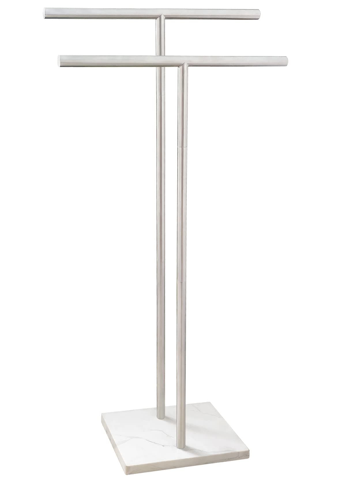40 Inch Standing Towel Rack Double-T Shape Tall Bath Towel Sheet Holder with Marble Design Base for Bathroom Floor Next to Tub or Shower 2 Tier Towel Holder Stand Stainless Steel Brushed Nickel