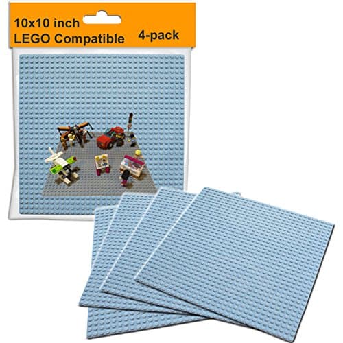 DwyerLight Lego Compatible Baseplate Board (4-Pack) Large Gray 10"x10" Brick Base Board Plate for Building, Activity Table, and Lego Wall