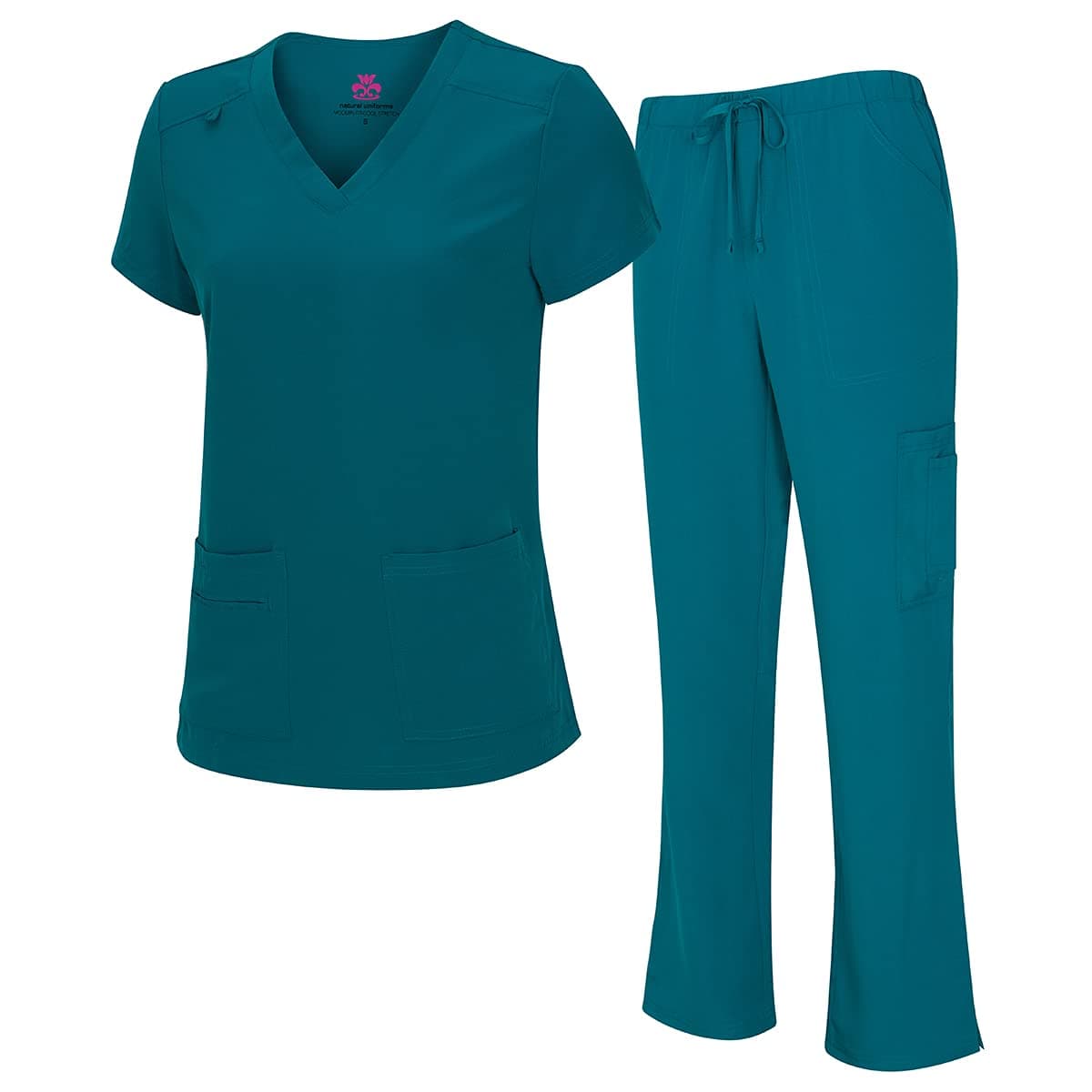 Natural Uniforms Women's Cool Stretch V-Neck Top and Cargo Pant Scrub Set with Regular and Petite Sizes