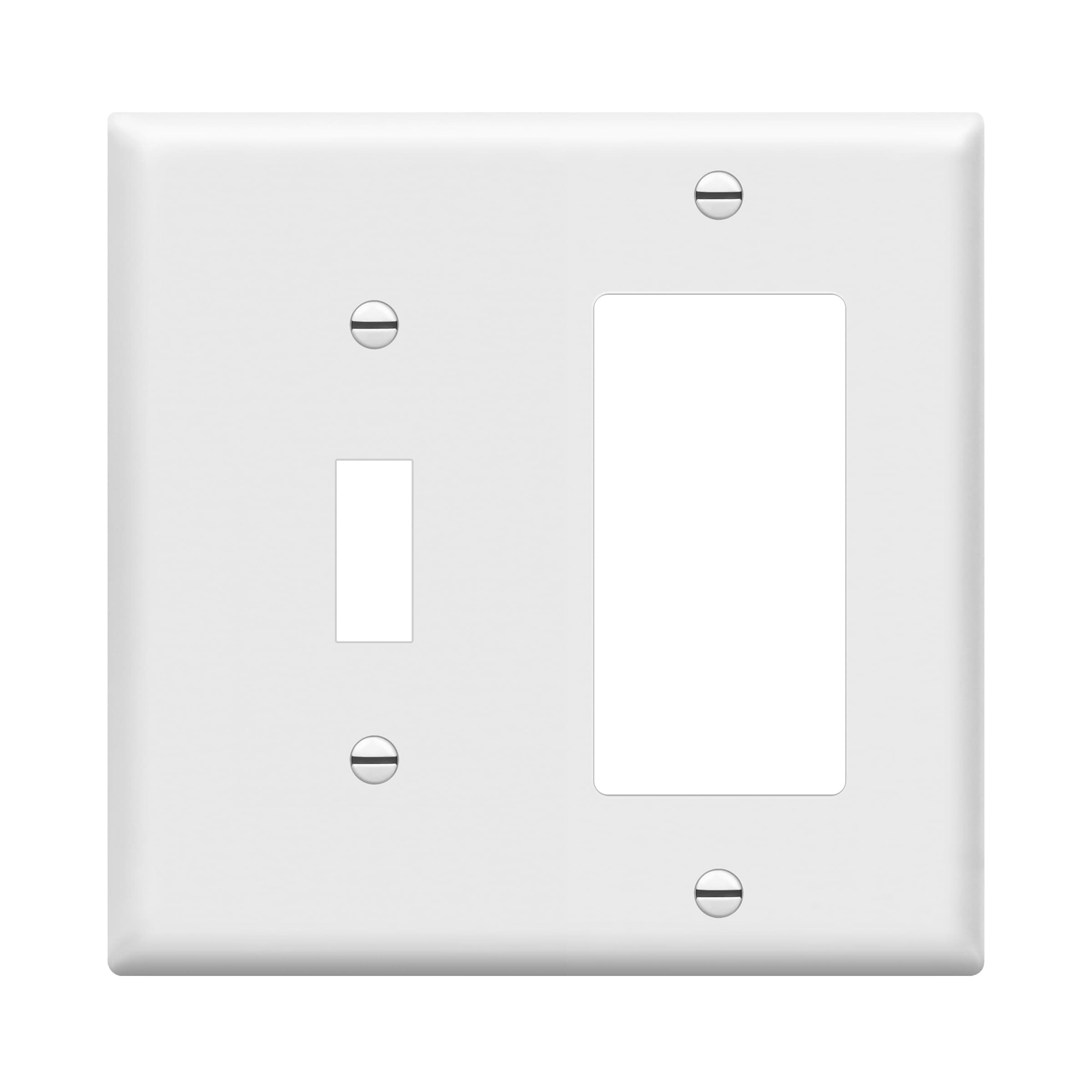 881131-W Decorator/Toggle Switch Wall Plate Combination, 2-Gang, White, Standard Size, Unbreakable Polycarbonate, Replacement Receptacle Faceplates Outlet Cover