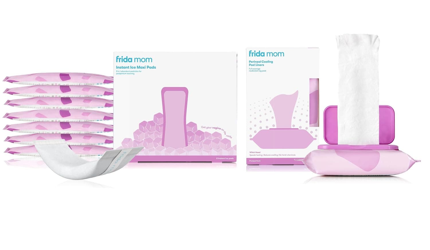 Frida Mom Witch Hazel Perineal Cooling Pad Full-Length Pad Liners + Frida Mom 2-in-1 Postpartum Pads, Ice Maxi Pads| Postpartum Essentials