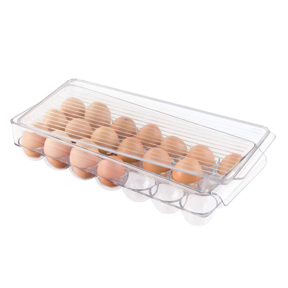 iDesign 72930 Fridge/Freeze Binz Egg Tray, Large Plastic Storage Box for 21 Eggs, Clear