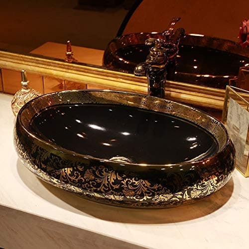 Ceramic Oval Shape Table Top Vessel Sink Over Counter Wash Basin (24 X 16 X 6 Inch, Black Gold)