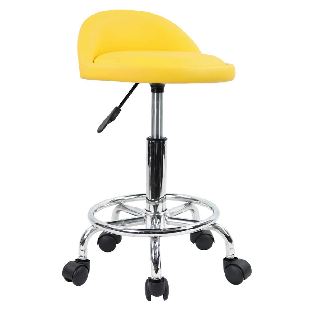 KKTONER PU Leather Round Rolling Stool with Foot Rest Height Adjustable Swivel Drafting Work SPA Task Chair with Wheels (Yellow)