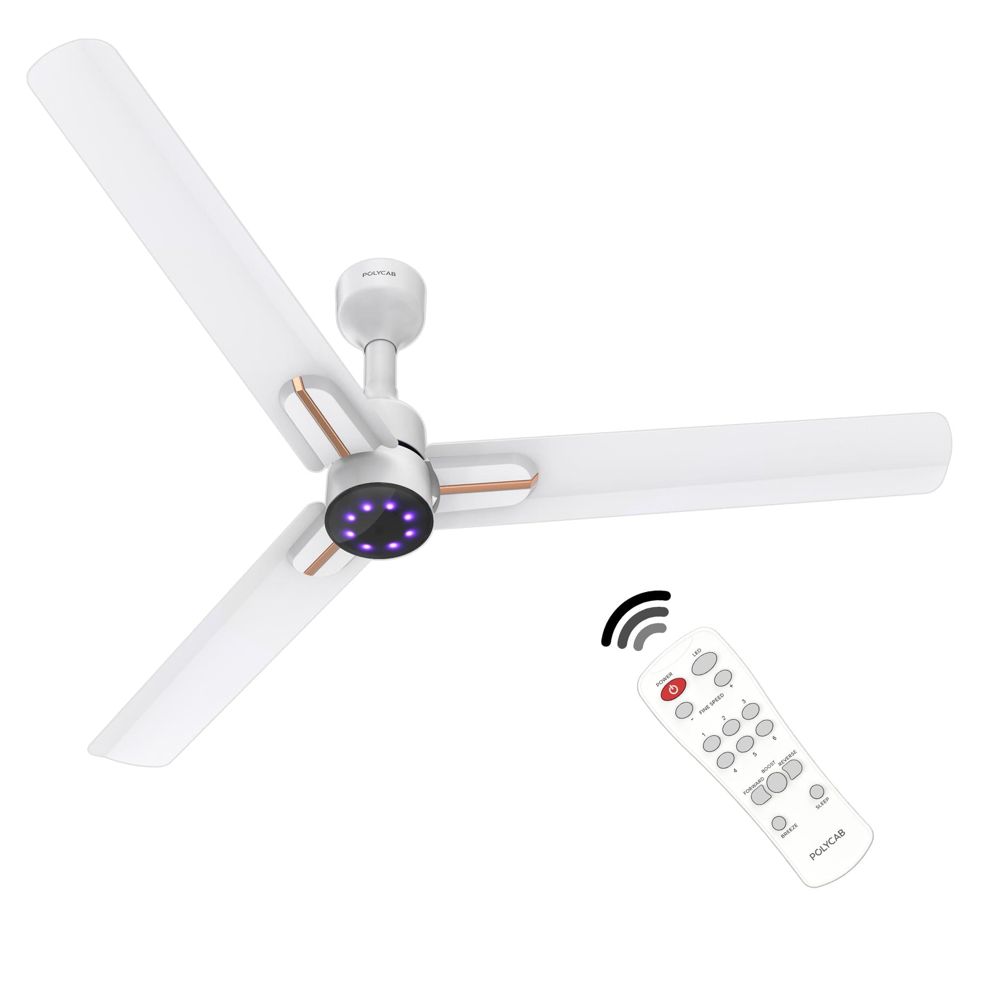 POLYCAB Wizzy Neo LED 1200mm 5-Star BLDC, Remote Ceiling fan for Living Room | 8 Purple LED Speed Indicator | High Air Delivery, 25 Speed Control,Free Installation | 4-yr Warranty【White Rose Gold】