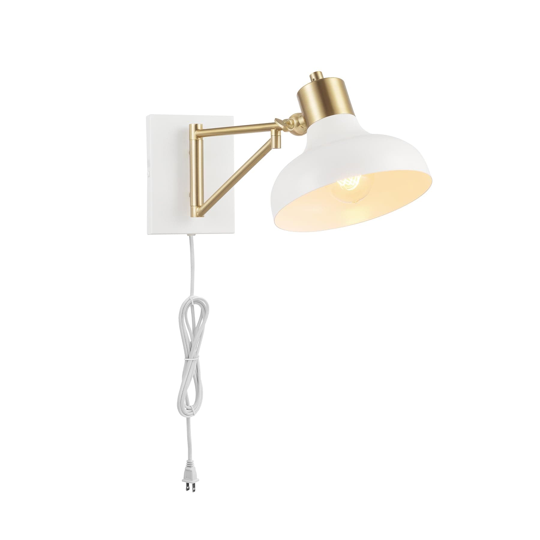 Globe Electric 51344 1-Light Plug-in or Hardwire Swing Arm Wall Sconce, White, Brass Accents, White-Cloth Cord, Mounted Bedside Lamp, Kitchen Sconces Wall-Lighting, Bulb Not Included