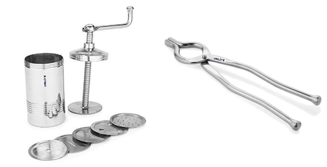UNLOCK™ Chakli Maker/Idiyappam Press/Murukku Machine/Sev Machine with 6 Jali & Premium Quality Unbreakable Stainless Steel Goti Sandsi | Sansi | Pakkad | Pincer | Chimta | Tongs for Kitchen