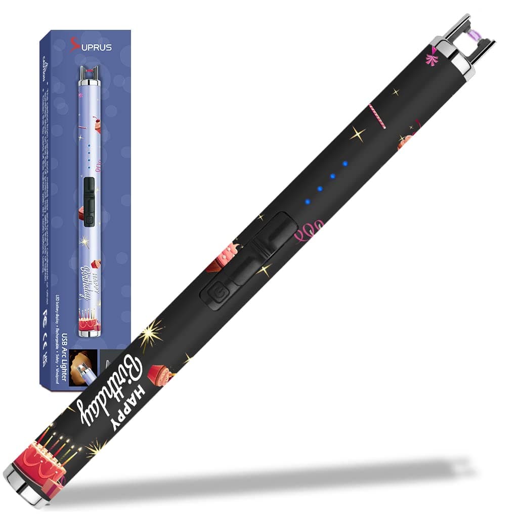 SUPRUSCandle Lighter Arc USB Lighter Electric Lighter with Upgraded LED Battery Display Safety Switch Rechargeable Flameless Plasma Windproof Portable for Birthday (Birthday Black)