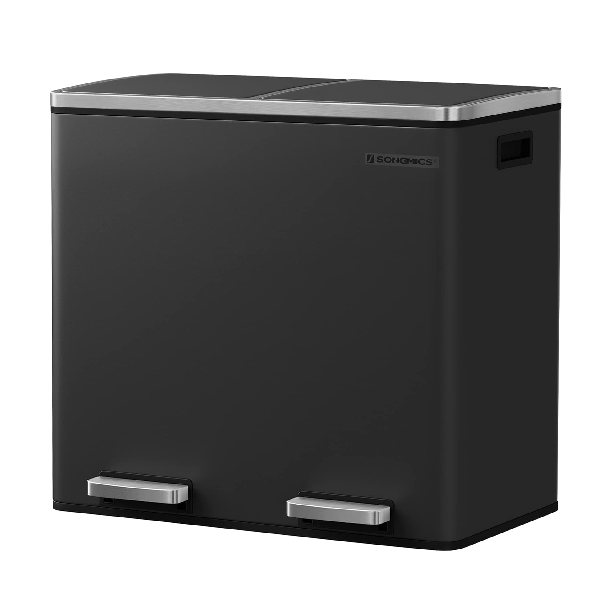 SONGMICS LTB48BK Rubbish Bin, Waste Separation System with 2 Compartments, Pedal Bin for the Kitchen, 2 x 24 L, Soft Close, Plastic Inner Bucket with Foot Pedals and Handles, Black, 65 x 62.5 x 42 cm