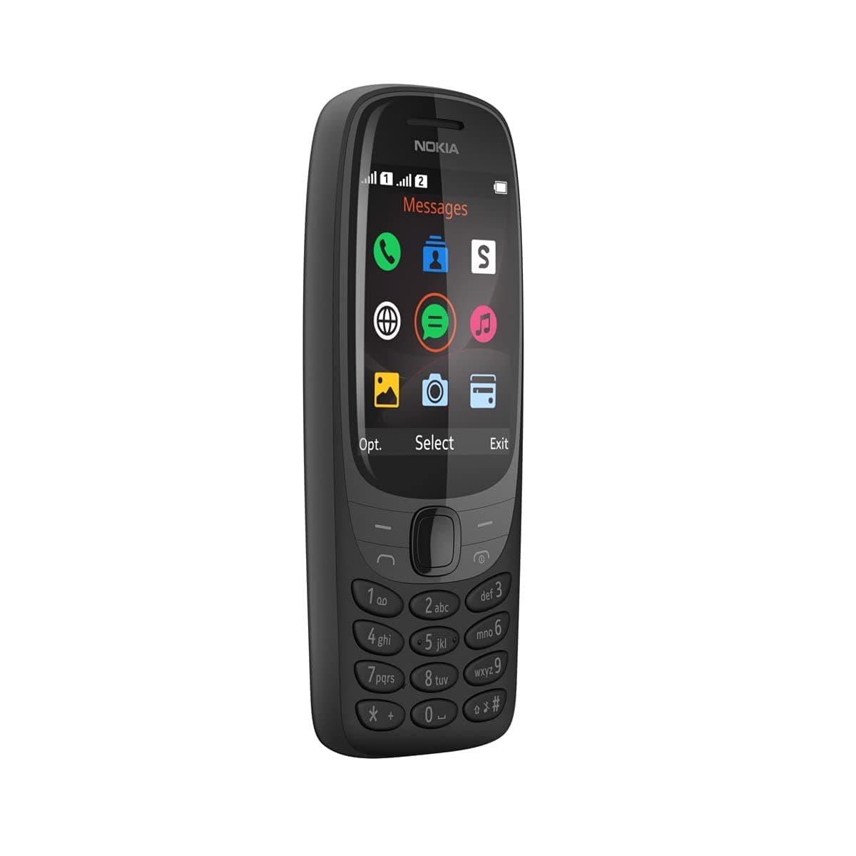 6310 with curved 2.8 inch display, numeric keyboard, 8 MB RAM, 16 MB memory (32 GB with microSD cards), 1150 mAh battery, 0.3 Megapixel rear camera, FM radio - black