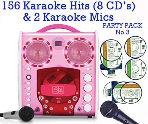 Portable Karaoke Machine & CD Player - Classic 383 PARTY PACK 3 (2 Mics + 8 karaoke CD's) Home Disco Party Light - Girls wired karaoke microphones + 156 Karaoke SONGS (8 CD ' S) CDG + Format (Connect to a TV to display lyrics from CD) - Echo - Auto Voice Control - by The Singing Machine (8 CDs + 2nd Mic - party Pack 3, Pink)