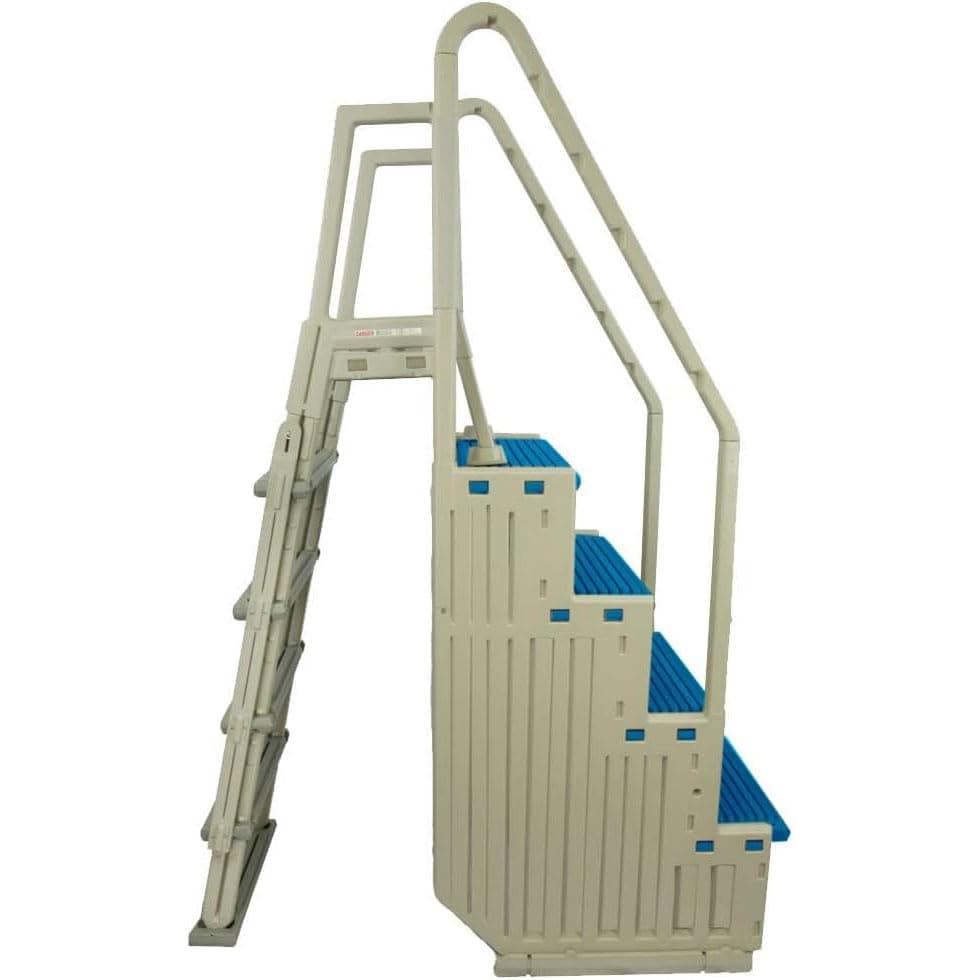 Confer Plastics Step-1X with 8000X Ground to Step Ladder: Above Ground Entry System, Dual Handrails, Slip-Resistant Steps, Supports 300 lbs, Easy Install – Made in USA, Warm Grey with Blue Step-1X