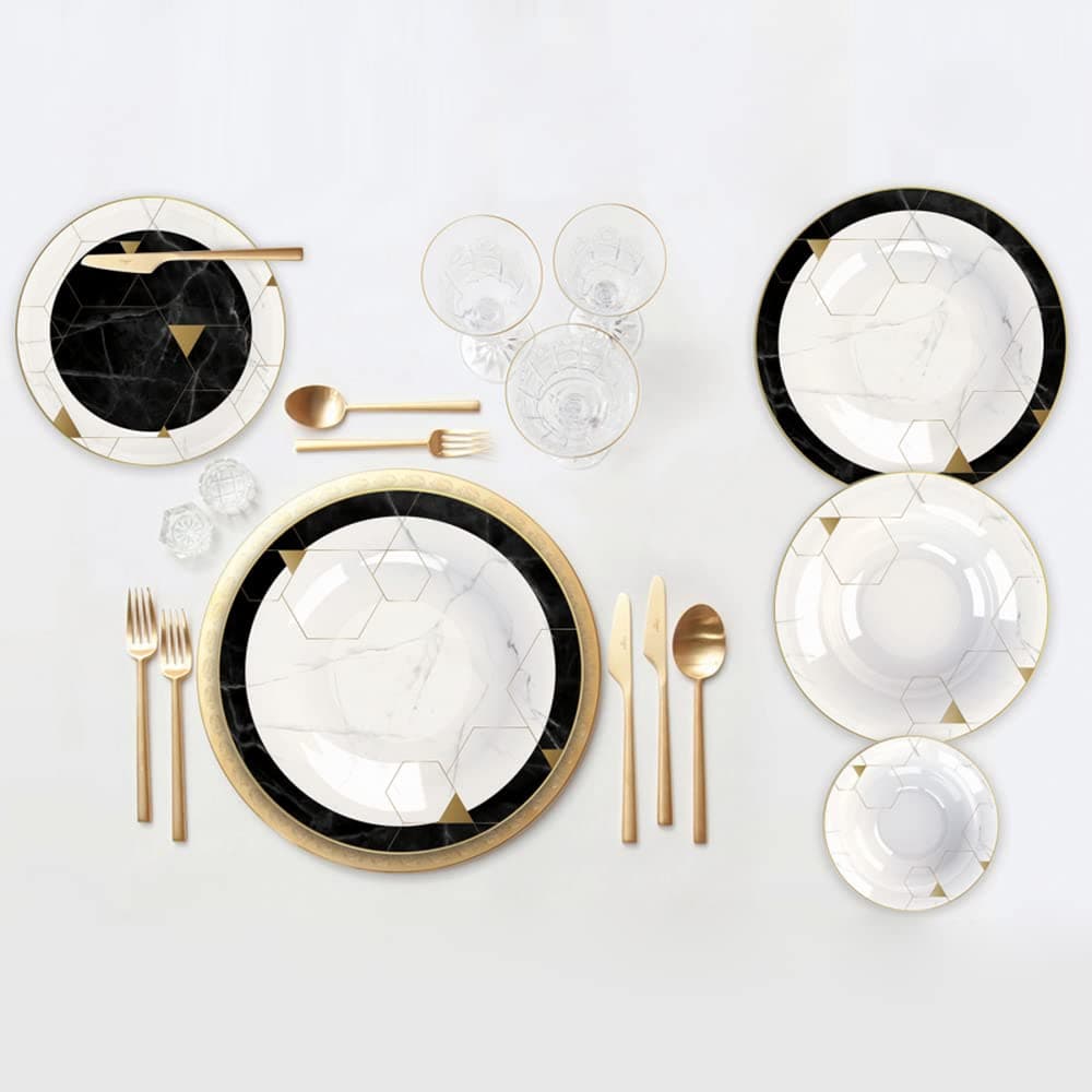 – Karaca Gem 24-Piece Dinner Set for 6 People, Black & White Bone China Dinnerware Sets, Scratch & Crack Resistant, Dishwasher Safe, Luxury Plate Set with Marble & Gold Geometric Design