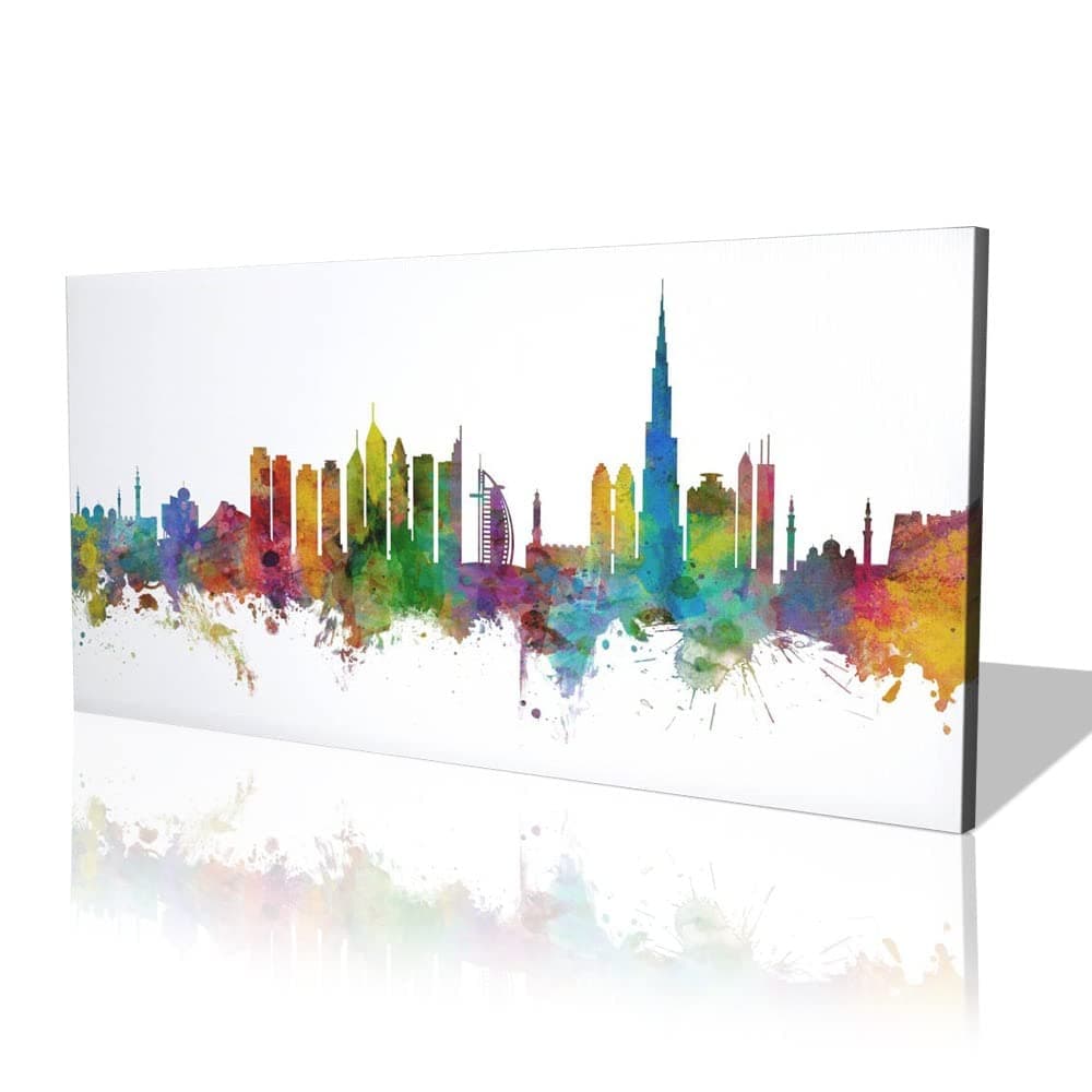 Abstract Dubai Skyline Paint Splash Cityscape Long Panel Wall Art Print Painting Canvas for Home Office Decor-Ready to Hang-Wooden and Black Frame (Simple Wooden Frame, 40 x 120 cm)