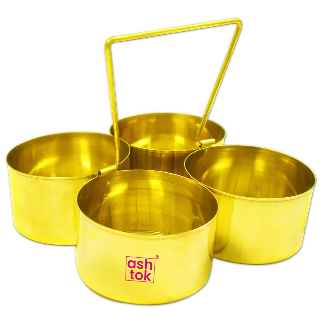 Ashtok Brass Attached Serving Bowls Set with Solid Handle. Multipurpose Brass Chopala for Kitchen and Other Rituals. Golden Colour, Bowl Diameter 4.5 Inches and Height 3 Inches. Pack of 1