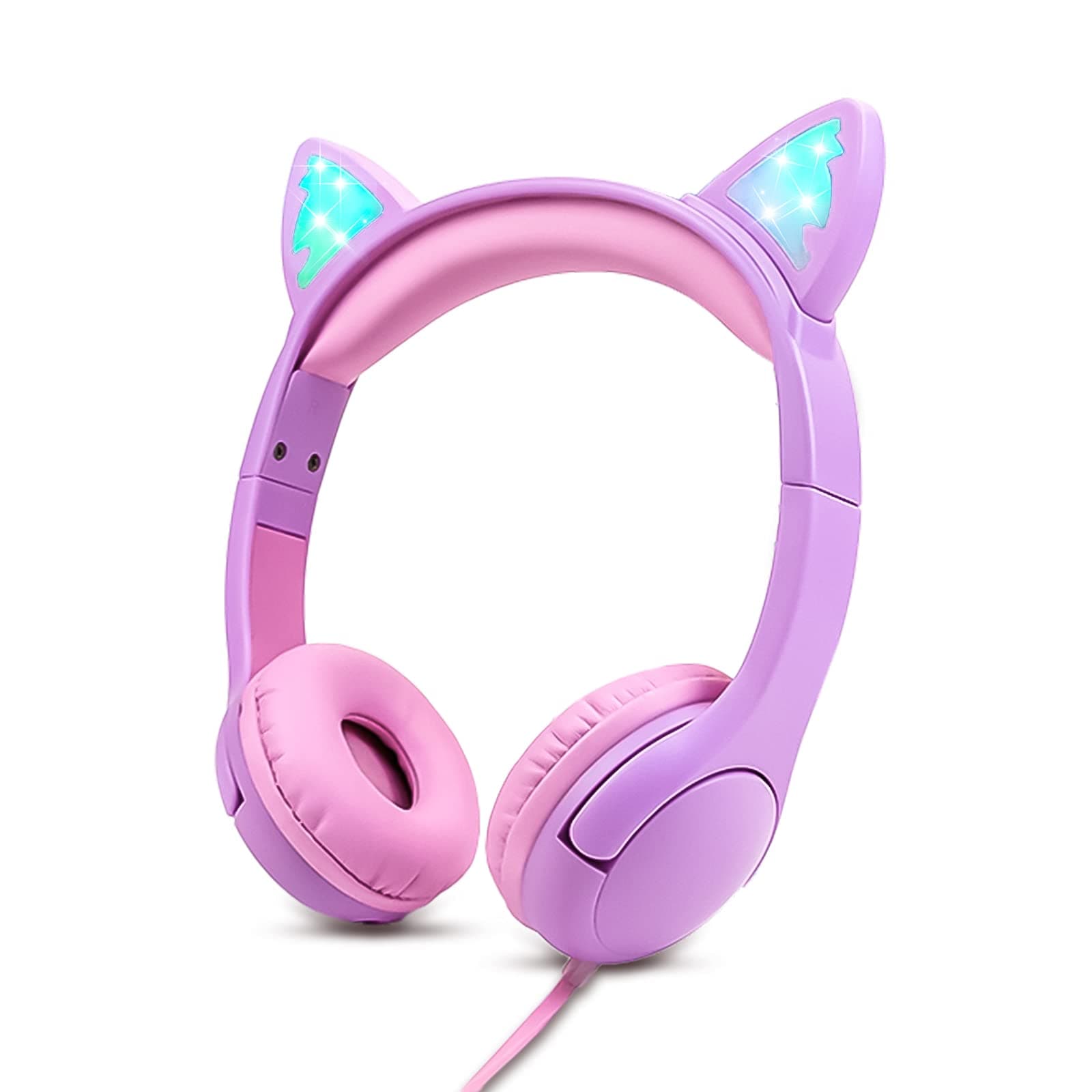 Kids Headphones, Safe 85db Volume Control Light Up Cat Ear Headphones for iPad Fire Tablet Kindle, On-Ear LED Children Headphones for School Learning Travel - Purple/Pink